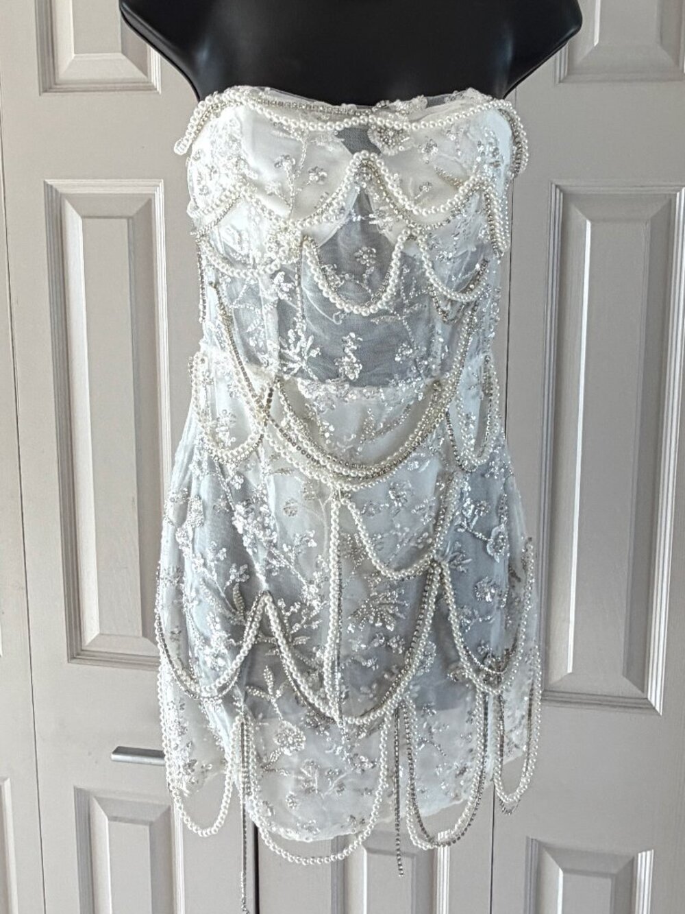 White Sequin Pearl Beaded Mini Dress Strapless Bodycon Bridal Nova Luxe